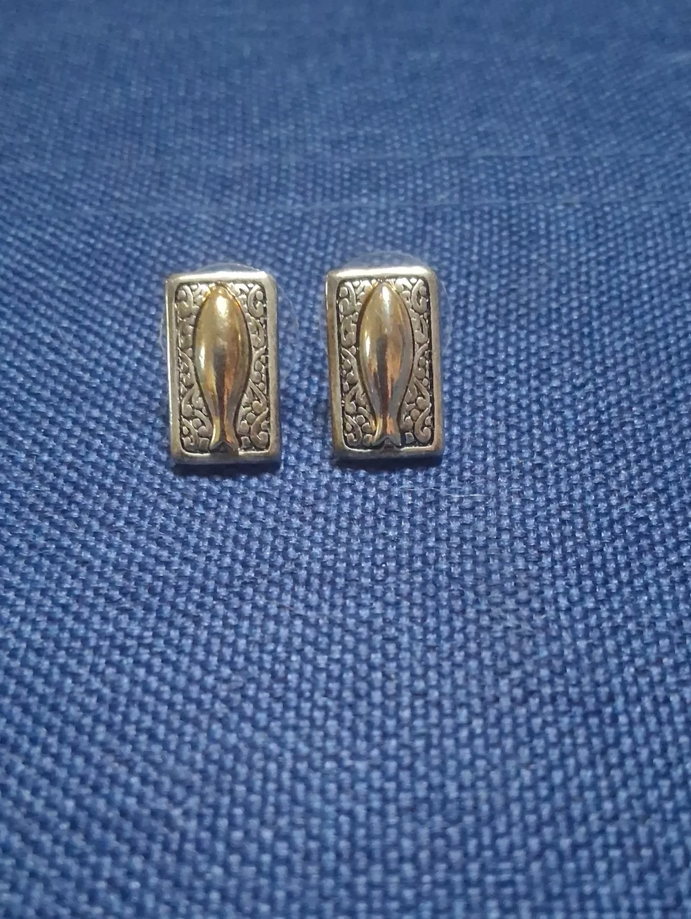 Rectangular Two-Tone Fish Motif Earrings - Silver & Gold Tones